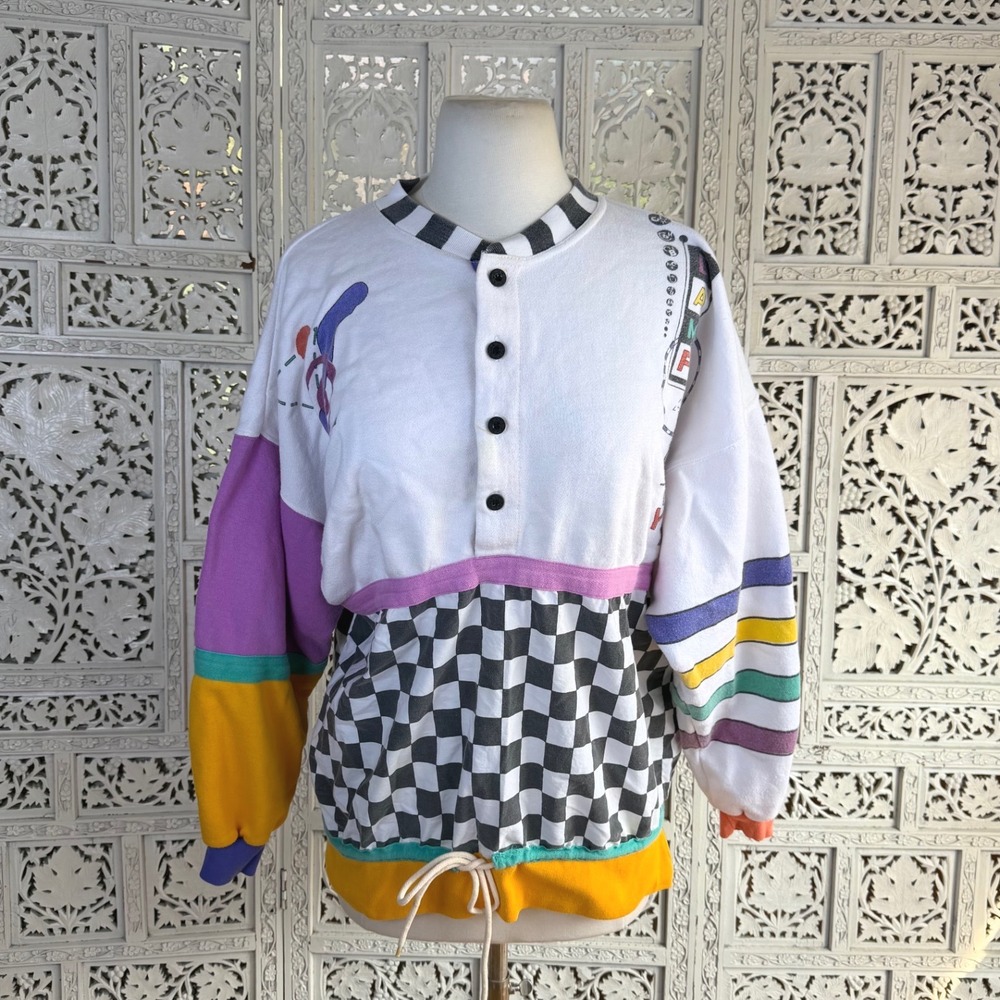 Vtg 80's Camp Beverly Hills Colorblock Checkered Sweatshirt Drawstring Henley